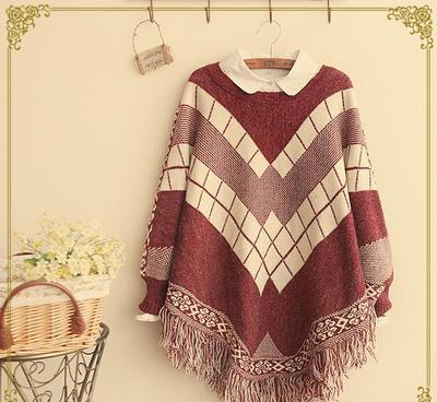 2014新款 森女系日系不規則流蘇寬松蝙蝠袖針織毛衣斗篷女裝